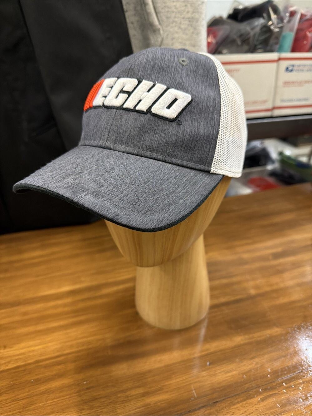 Echo Logo Mens Gray White Echo Trucker Hat Mesh Back Adjustable OSFM